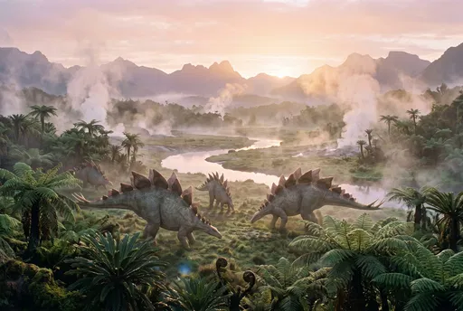 Stegosaurus Herd in Misty Prehistoric Valley