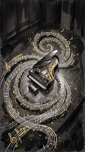 Grand Piano With Swirling Golden Music Notes