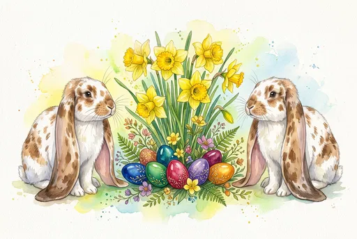 Watercolor Lop Bunnies with Daffodils and Eggs