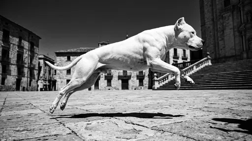 White Dogo Argentino Leaping in Stone Plaza