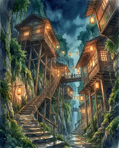 Watercolor Anime Cliffside Village at Night