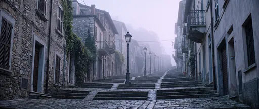 Misty Cobblestone Stepped Alley at Dawn