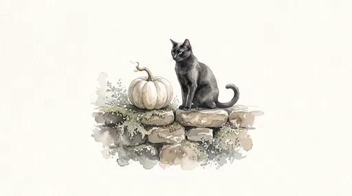 Watercolor Black Cat and White Pumpkin