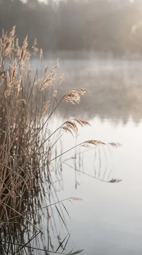 Golden Light on Misty Pond Reeds