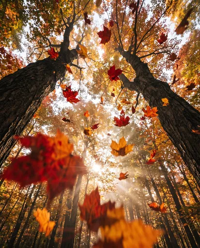 Autumn Leaves Falling in Sunlit Forest