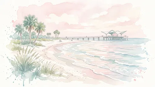 Pastel Watercolor Coastal Beach and Pier