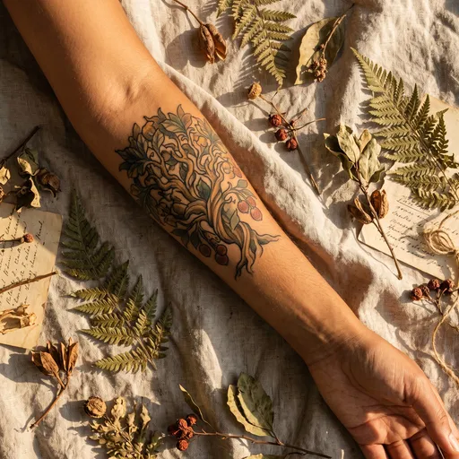 Forearm Tree Tattoo With Dried Botanicals