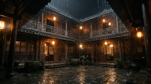 Traditional Chinese Wooden Courtyard on Rainy Night