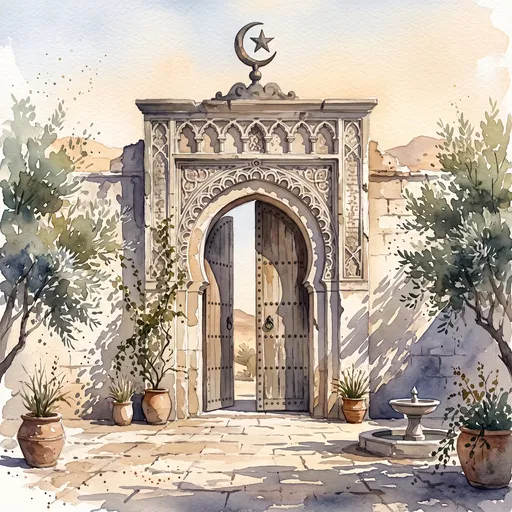 Watercolor Islamic Courtyard Archway Illustration