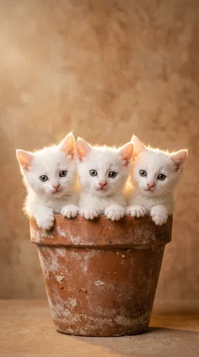Three White Kittens in Terracotta Pot