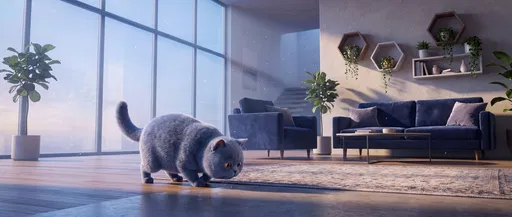 Stylized Gray Cat in Modern Living Room