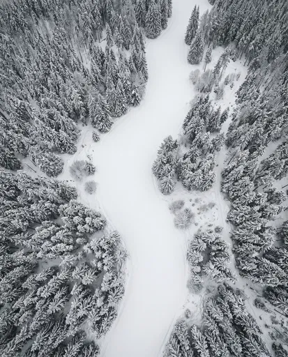 Aerial View of Snowy Forest Clearing