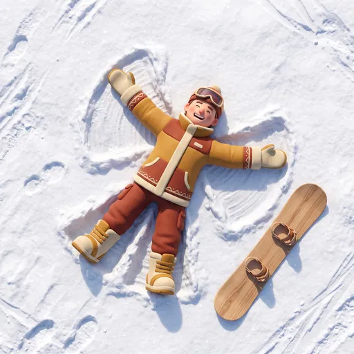 3D Illustration of Snowboarder Making Snow Angel