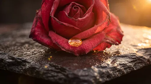Crimson Rose With Raindrop on Wet Slate