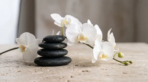 Stacked Zen Stones and White Orchids