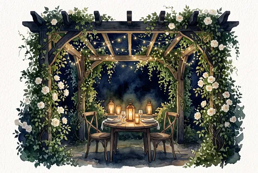 Watercolor Garden Pergola Dinner for Two