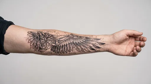 Mechanical Wing Tattoo on Man's Forearm
