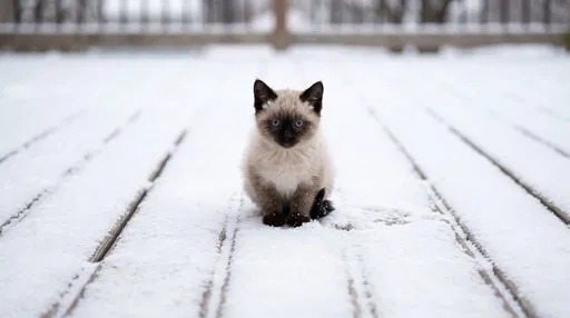 Siamese Kitten on Snowy Wooden Deck