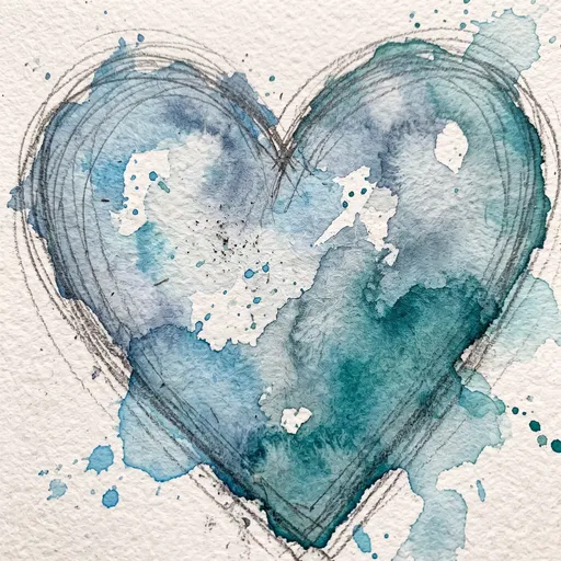 Blue and Teal Watercolor Heart Sketch
