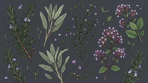 Botanical Illustration of Culinary Herb Sprigs