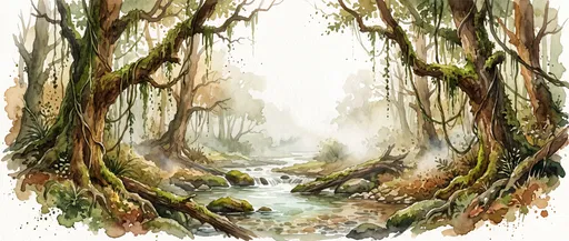 Watercolor Forest Stream With Hanging Vines