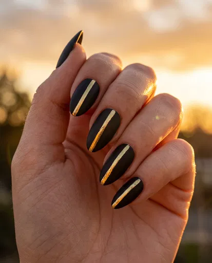 Matte Black Nails With Gold Stripes