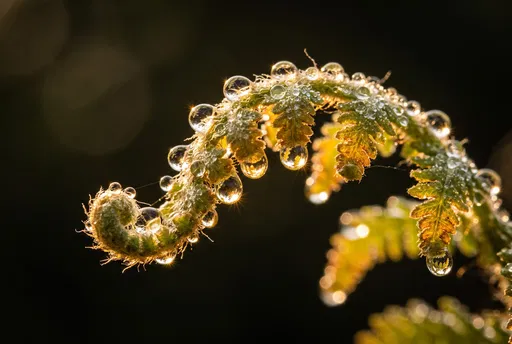 Macro Fern Frond With Golden Dewdrops