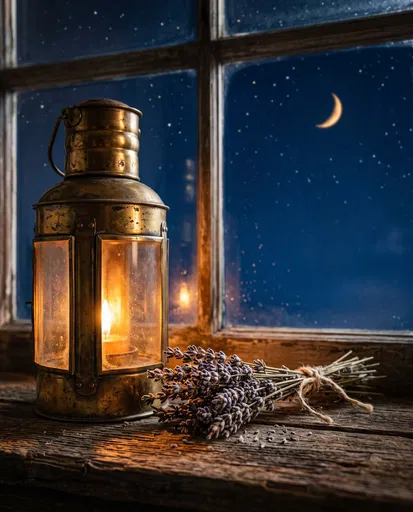 Brass Lantern and Lavender on Windowsill