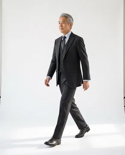 Senior Asian Businessman Walking in Charcoal Suit