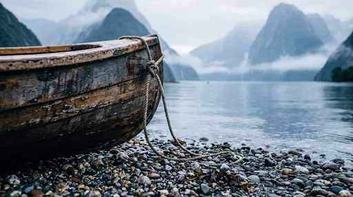 Wooden Boat on Misty Fjord Shore