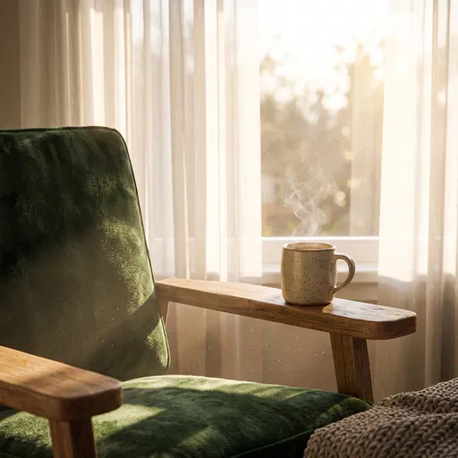 Steaming Mug on Green Velvet Armchair