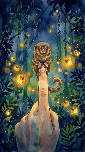 Watercolor Pygmy Marmoset on Finger with Fireflies