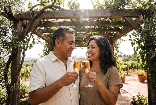 Mature Couple Toasting Under Vineyard Arbor