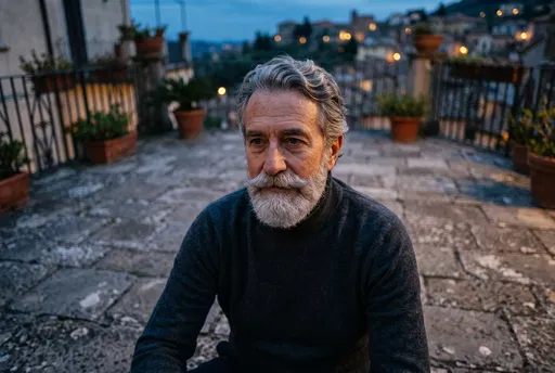 Older Bearded Man on Stone Terrace