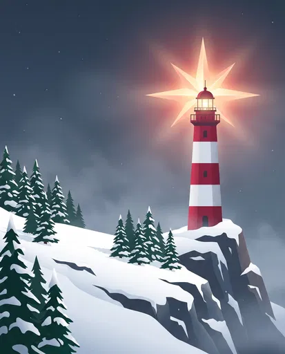 Christmas Star Lighthouse on Snowy Cliff