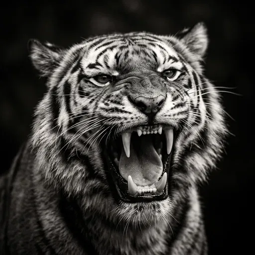 Monochrome Portrait of Roaring Siberian Tiger