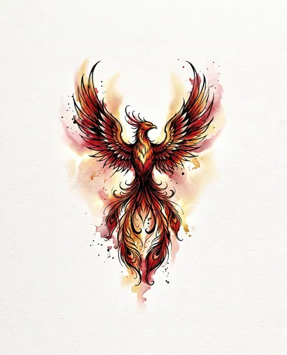 Watercolor and Ink Phoenix Tattoo Design
