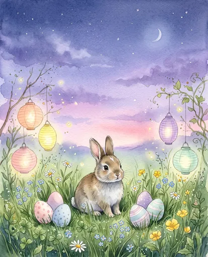Watercolor Easter Bunny in Twilight Meadow