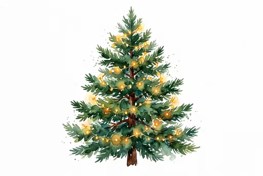 Watercolor Evergreen Tree With Glowing Lights