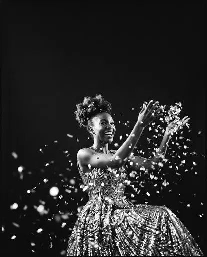 Joyful Woman Tossing Confetti in Monochrome