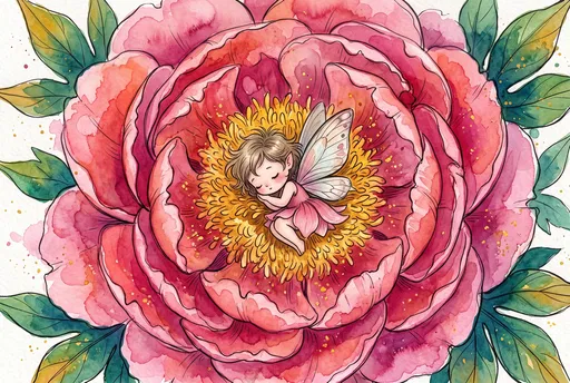 Watercolor Chibi Fairy Sleeping in Peony