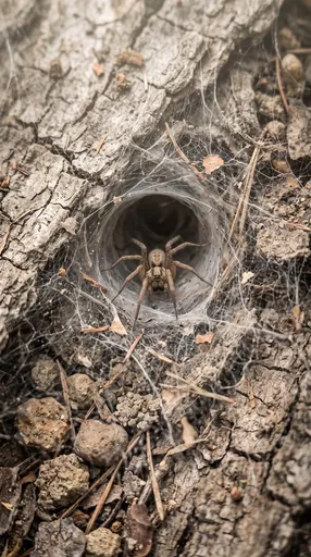 Brown Spider in Funnel Web on Bark