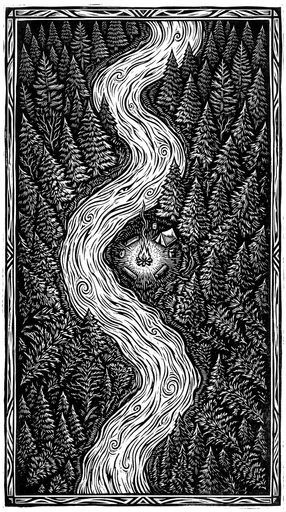 Woodcut Forest River and Campfire Illustration