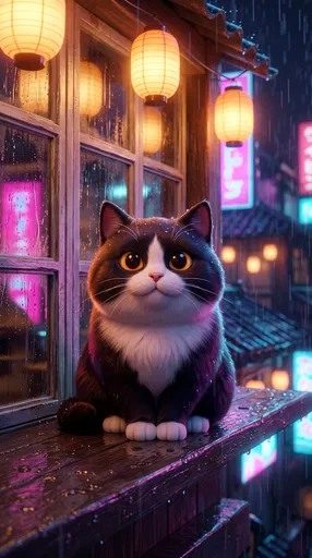 Stylized Tuxedo Cat on Rainy Windowsill