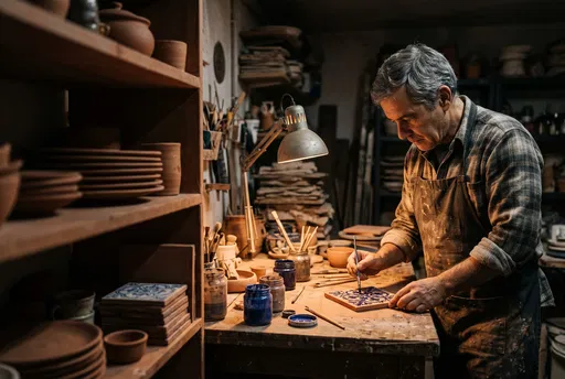 Artisan Painting Traditional Blue Ceramic Tile