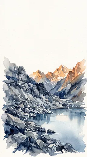 Watercolor Alpine Lake and Mountain Peaks