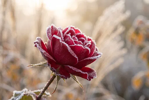 Frost-Covered Red Rose in Morning Light