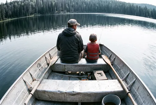 Father and Son in Aluminum Rowboat