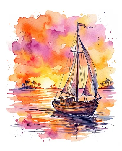 Watercolor Wooden Sailboat at Tropical Sunset