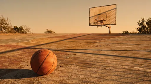 Basketball on Outdoor Court at Sunset